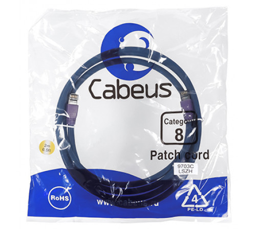 Cabeus PC-SSTP-RJ45-Cat.8-2m-LSZH Патч-корд S/FTP, категория 8 (40G, 2000 MHz), 2xRJ45/8p8c, экранированный, синий, LSZH, 2 м