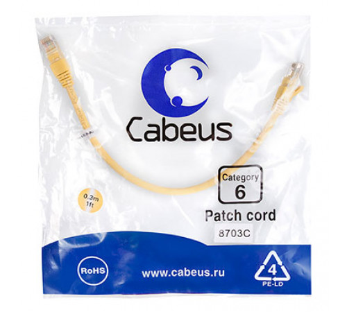 Cabeus PC-UTP-RJ45-Cat.6-0.3m-YL Патч-корд U/UTP, категория 6, 2xRJ45/8p8c, неэкранированный, желтый, PVC, 0.3м