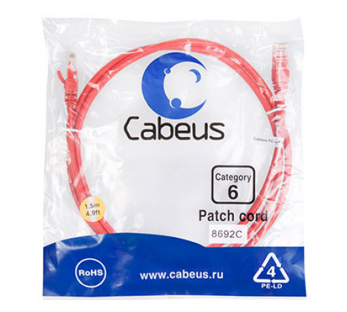 Cabeus PC-UTP-RJ45-Cat.6-1.5m-RD Патч-корд U/UTP, категория 6, 2xRJ45/8p8c, неэкранированный, красный, PVC, 1.5м Cabeus PC-UTP-RJ45-Cat.6-1.5m-RD Патч-корд U/UTP, категория 6, 2xRJ45/8p8c, неэкранированный, красный, PVC, 1.5м