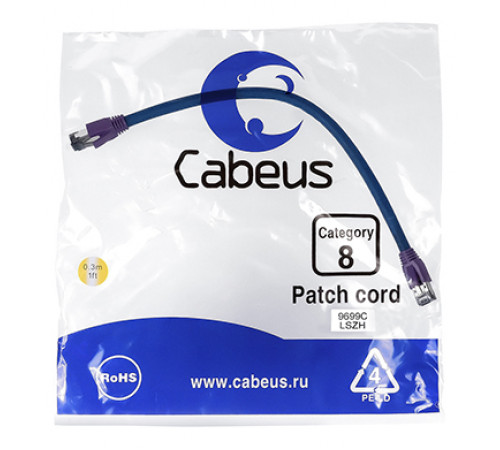 Cabeus PC-SSTP-RJ45-Cat.8-0.3m-LSZH Патч-корд S/FTP, категория 8 (40G, 2000 MHz), 2xRJ45/8p8c, экранированный, синий, LSZH, 0.3 м