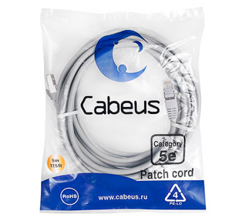 Cabeus PC-FTP-RJ45-Cat.5e-5m Патч-корд F/UTP, категория 5е, 2xRJ45/8p8c, экранированный, серый, PVC, 5м