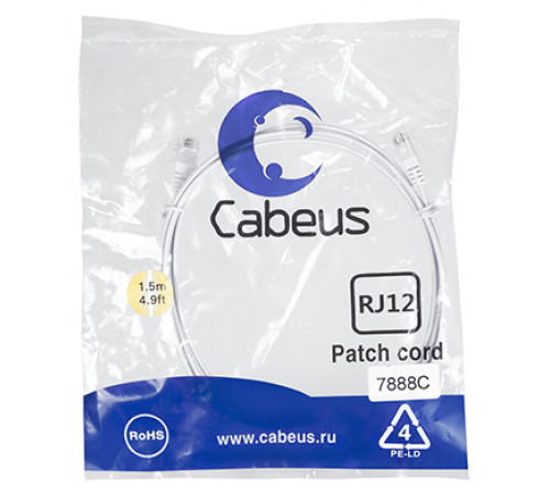 Cabeus PC-TEL-RJ12-1.5m Патч-корд телефонный 2х6р4с, белый, PVC, 1.5 м