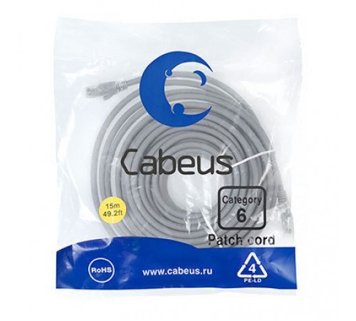 Cabeus PC-UTP-RJ45-Cat.6-15m Патч-корд U/UTP, категория 6, 2xRJ45/8p8c, неэкранированный, серый, PVC, 15м