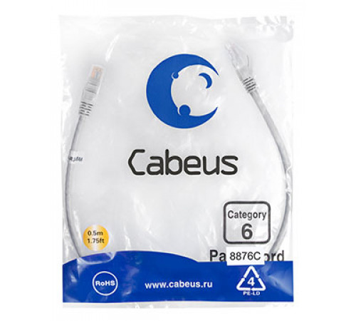 Cabeus PC-UTP-RJ45-Cat.6-0.5m-LSZH Патч-корд U/UTP, категория 6, 2xRJ45/8p8c, неэкранированный, серый, LSZH, 0.5м