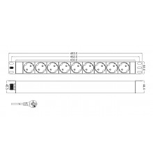 SHT19-9SH-2.5EU Блок розеток для 19" шкафов, горизонтальный, 9 универсальных розеток, 16A, шнур 2.5м Hyperline