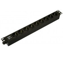 SHE19-9SH-CB Блок розеток для 19'; шкафов, горизонтальный, 9 розеток Schuko, без кабеля питания, клеммная колодка 16A, 250В, 482.6x44.4x44.4мм (ШхГхВ)