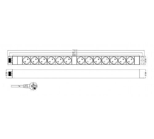 SHT-13SH-2.5EU Блок розеток, вертикальный, 13 розеток Schuko, кабель питания 2.5м (3х1.5мм2) с вилкой Schuko 16A, 250В, 668x44.4x44.4мм (ДхШхВ), копру