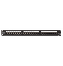 Коммутационная панель NETLAN 19", 1U, 24 порта, Кат.5e (Класс D), 100МГц, RJ45/8P8C, 110/KRONE, T568A/B, экранированная, черная