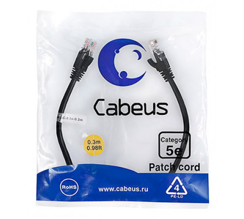 Cabeus PC-UTP-RJ45-Cat.5e-0.3m-BK-LSZH Патч-корд U/UTP, категория 5е, 2xRJ45/8p8c, неэкранированный, черный, LSZH, 0.3м