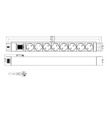 SHT19-8SH-S-2.5EU Блок розеток 19", 250В, 1U, 16А, 8 розеток Schuko, с выключателем, кабель питания 2.5 м с вилкой Sch Hyperline