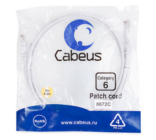 Cabeus PC-UTP-RJ45-Cat.6-2m-WH Патч-корд U/UTP, категория 6, 2xRJ45/8p8c, неэкранированный, белый, PVC, 2м