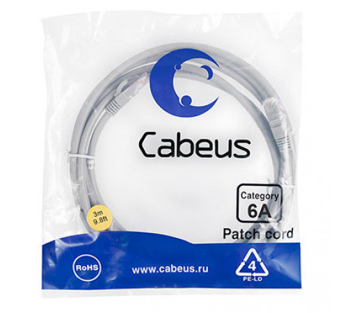 Cabeus PC-UTP-RJ45-Cat.6a-3m-LSZH Патч-корд U/UTP, категория 6а (10G), 2xRJ45/8p8c, неэкранированный, серый, LSZH, 3м