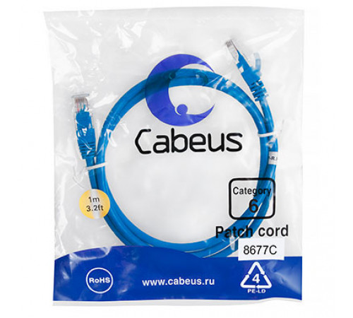 Cabeus PC-UTP-RJ45-Cat.6-1m-BL Патч-корд U/UTP, категория 6, 2xRJ45/8p8c, неэкранированный, синий, PVC, 1м