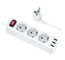 Сетевой фильтр Hoco NS2, 3 EU розетки, 4000W, с портами 3xUSB, 2.4A, 1.8м белый
