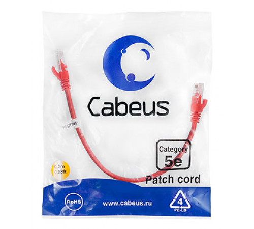 Cabeus PC-UTP-RJ45-Cat.5e-0.3m-RD Патч-корд U/UTP, категория 5е, 2xRJ45/8p8c, неэкранированный, красный, PVC, 0.3м