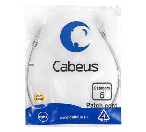 Cabeus PC-UTP-RJ45-Cat.6-0.5m Патч-корд U/UTP, категория 6, 2xRJ45/8p8c, неэкранированный, серый, PVC, 0.5м