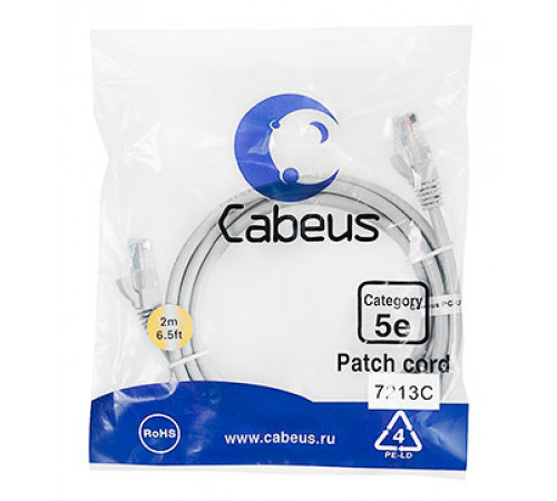 Cabeus PC-UTP-RJ45-Cat.5e-2m Патч-корд U/UTP, категория 5е, 2xRJ45/8p8c, неэкранированный, серый, PVC, 2м