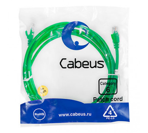 Cabeus PC-UTP-RJ45-Cat.6-3m-GN Патч-корд U/UTP, категория 6, 2xRJ45/8p8c, неэкранированный, зеленый, PVC, 3м