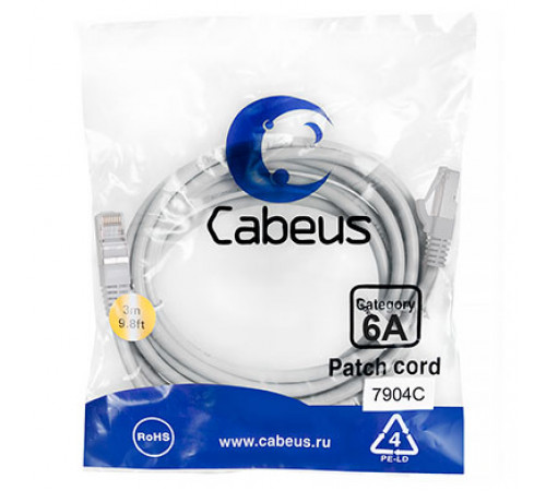 Cabeus PC-SSTP-RJ45-Cat.6a-3m-LSZH Патч-корд S/FTP, категория 6а (10G), 2xRJ45/8p8c, экранированный, серый, LSZH, 3м