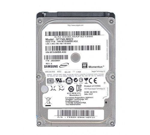 Жесткий диск HDD, 2.5", 750 Гб, SATA II, Samsung, Momentus, 8 Мб, 5400 rpm