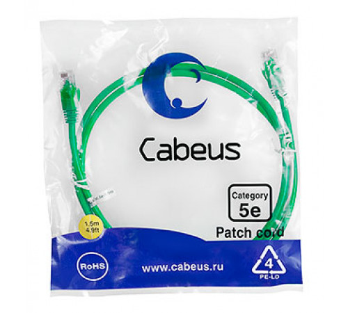 Cabeus PC-UTP-RJ45-Cat.5e-1.5m-GN Патч-корд U/UTP, категория 5е, 2xRJ45/8p8c, неэкранированный, зеленый, PVC, 1.5м