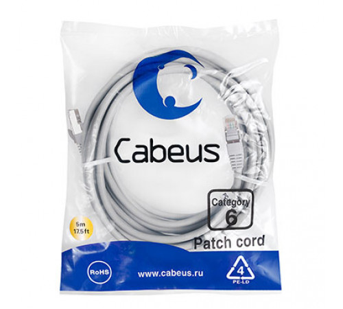 Cabeus PC-FTP-RJ45-Cat.6-5m-LSZH Патч-корд F/UTP, категория 6, 2xRJ45/8p8c, экранированный, серый, LSZH, 5м