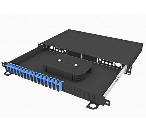 Кросс оптический стоечный выдвижной 19", 32 SC/UPC адаптеров, одномодовый, 1U, черный, укомплектованный, TopLAN