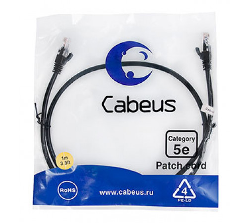 Cabeus PC-UTP-RJ45-Cat.5e-1m-BK-LSZH Патч-корд U/UTP, категория 5е, 2xRJ45/8p8c, неэкранированный, черный, LSZH, 1м