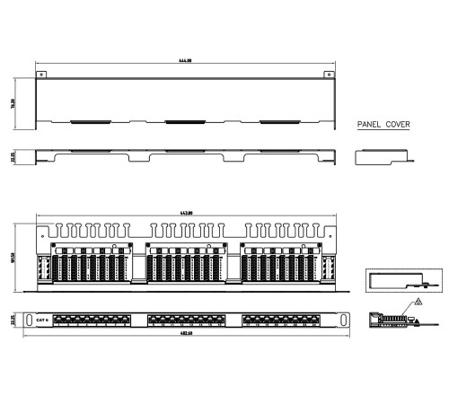 PPHD-19-24-8P8C-C6-SH-110D Патч-панель высокой плотности 19';, 0.5U, 24 порта RJ-45, категория 6, Dual IDC, экранированная Hyperline