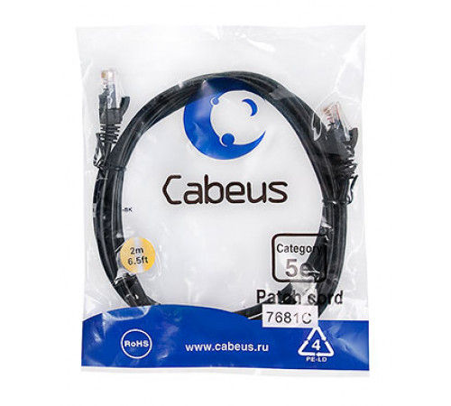 Cabeus PC-UTP-RJ45-Cat.5e-2m-BK Патч-корд U/UTP, категория 5е, 2xRJ45/8p8c, неэкранированный, черный, PVC, 2м