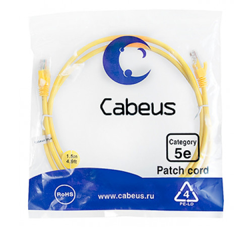 Cabeus PC-UTP-RJ45-Cat.5e-1.5m-YL Патч-корд U/UTP, категория 5е, 2xRJ45/8p8c, неэкранированный, желтый, PVC, 1.5м