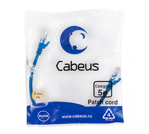 Cabeus PC-UTP-RJ45-Cat.5e-0.3m-BL-LSZH Патч-корд U/UTP, категория 5е, 2xRJ45/8p8c, неэкранированный, синий, LSZH, 0.3м