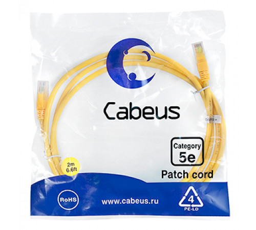 Cabeus PC-UTP-RJ45-Cat.5e-2m-YL-LSZH Патч-корд U/UTP, категория 5е, 2xRJ45/8p8c, неэкранированный, желтый, LSZH, 2м