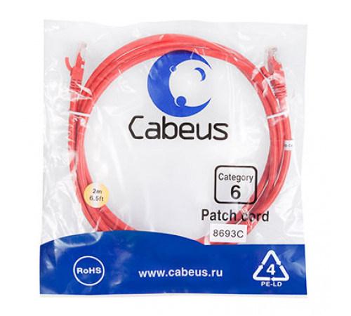 Cabeus PC-UTP-RJ45-Cat.6-2m-RD Патч-корд U/UTP, категория 6, 2xRJ45/8p8c, неэкранированный, красный, PVC, 2м