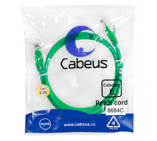 Cabeus PC-UTP-RJ45-Cat.6-1m-GN Патч-корд U/UTP, категория 6, 2xRJ45/8p8c, неэкранированный, зеленый, PVC, 1м