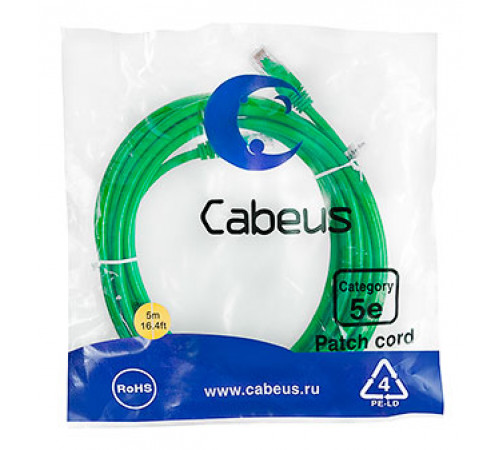 Cabeus PC-UTP-RJ45-Cat.5e-5m-GN-LSZH Патч-корд U/UTP, категория 5е, 2xRJ45/8p8c, неэкранированный, зеленый, LSZH, 5м