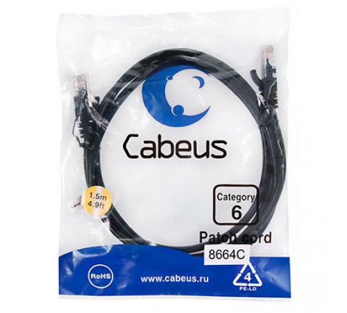 Cabeus PC-UTP-RJ45-Cat.6-1.5m-BK Патч-корд U/UTP, категория 6, 2xRJ45/8p8c, неэкранированный, черный, PVC, 1.5м