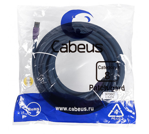 Cabeus PC-SSTP-RJ45-Cat.8-10m-LSZH Патч-корд S/FTP, категория 8 (40G, 2000 MHz), 2xRJ45/8p8c, экранированный, синий, LSZH, 10 м