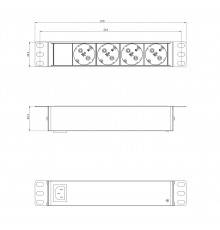 SHE10-4SH-IEC Блок розеток для 10'; шкафов, горизонтальный, 4 розетки Schuko, без кабеля питания, входной разъем IEC320 C14 10A, 250В, 254х44.4х44.4мм