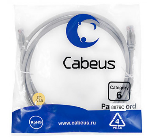 Cabeus PC-UTP-RJ45-Cat.6-2m-LSZH Патч-корд U/UTP, категория 6, 2xRJ45/8p8c, неэкранированный, серый, LSZH, 2м