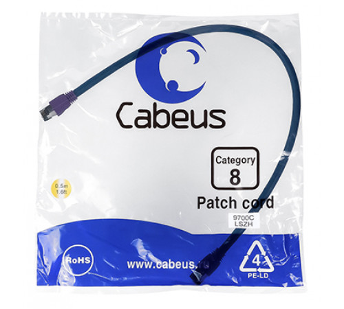 Cabeus PC-SSTP-RJ45-Cat.8-0.5m-LSZH Патч-корд S/FTP, категория 8 (40G, 2000 MHz), 2xRJ45/8p8c, экранированный, синий, LSZH, 0.5 м