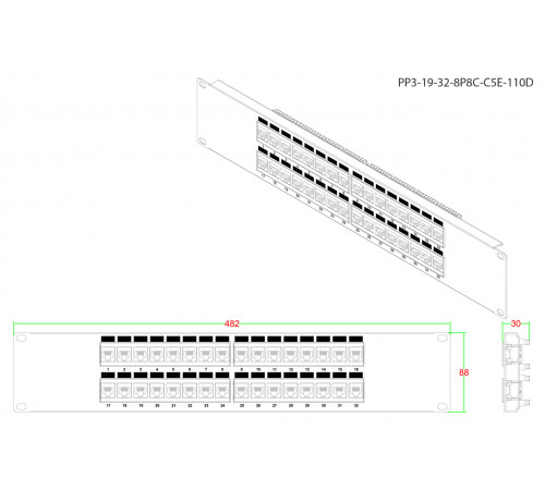 PP3-19-32-8P8C-C5E-110D Патч-панель 19", 2U, 32 порта RJ-45, категория 5e, Dual IDC, ROHS, цвет черный Hyperline