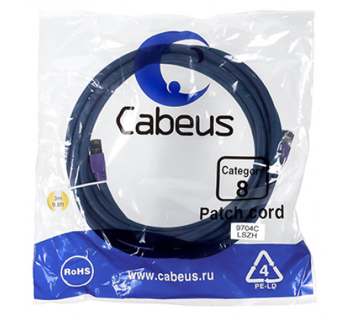 Cabeus PC-SSTP-RJ45-Cat.8-3m-LSZH Патч-корд S/FTP, категория 8 (40G, 2000 MHz), 2xRJ45/8p8c, экранированный, синий, LSZH, 3 м