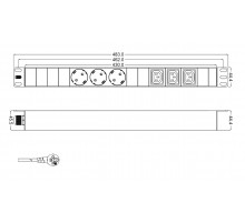 SHT19-3SH-3IEC-2.5EU Блок розеток для 19'; шкафов, горизонтальный, 3 розетки Schuko, 3 розетки IEC320 C13, кабель питания 2.5м (3х1.5мм2) с вилкой Sch
