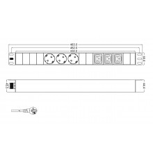 SHT19-3SH-3IEC-2.5EU Блок розеток для 19'; шкафов, горизонтальный, 3 розетки Schuko, 3 розетки IEC320 C13, кабель питания 2.5м (3х1.5мм2) с вилкой Sch