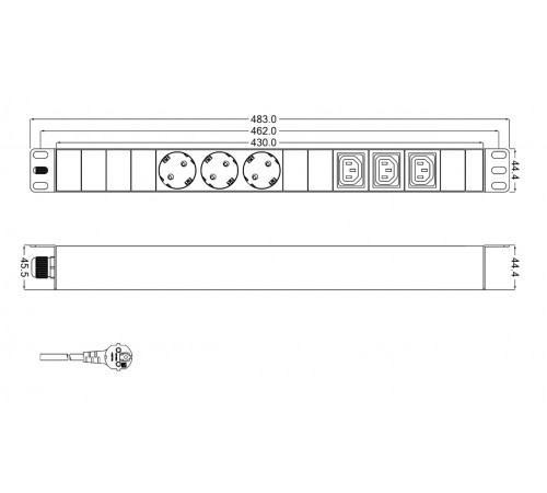 SHT19-3SH-3IEC-2.5EU Блок розеток для 19'; шкафов, горизонтальный, 3 розетки Schuko, 3 розетки IEC320 C13, кабель питания 2.5м (3х1.5мм2) с вилкой Sch