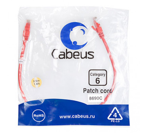 Cabeus PC-UTP-RJ45-Cat.6-0.5m-RD Патч-корд U/UTP, категория 6, 2xRJ45/8p8c, неэкранированный, красный, PVC, 0.5м