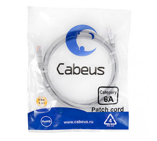 Cabeus PC-UTP-RJ45-Cat.6a-1.5m-LSZH Патч-корд U/UTP, категория 6а (10G), 2xRJ45/8p8c, неэкранированный, серый, LSZH, 1.5м