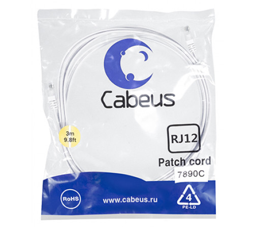 Cabeus PC-TEL-RJ12-3m Патч-корд телефонный 2х6р4с, белый, PVC, 3 м