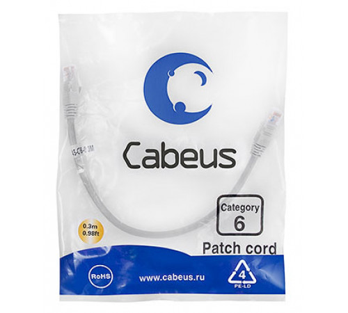 Cabeus PC-UTP-RJ45-Cat.6-0.3m Патч-корд U/UTP, категория 6, 2xRJ45/8p8c, неэкранированный, серый, PVC, 0.3м